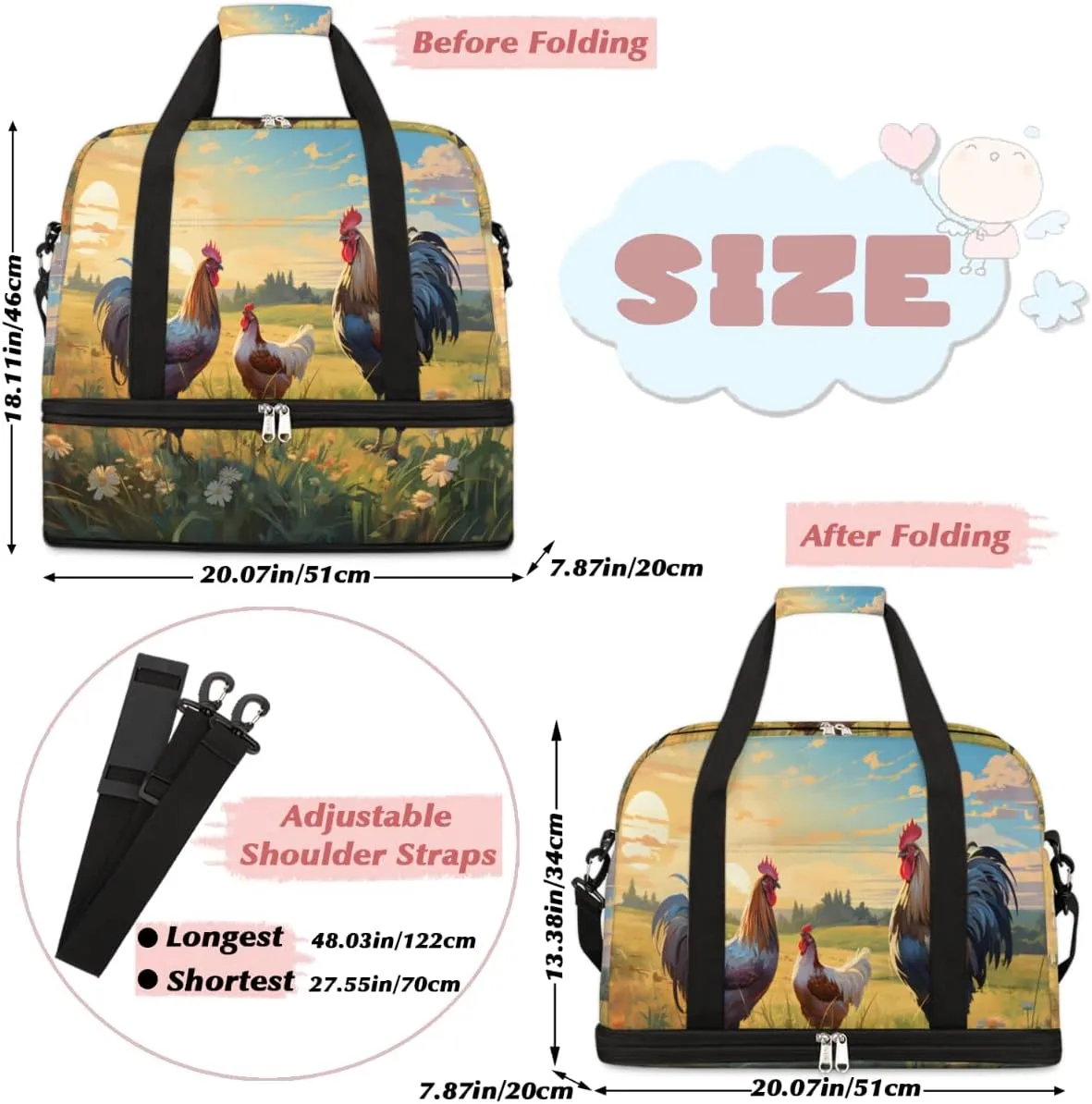 Rooster Printing Foldable Travel Duffel Bag Overnight Weekender Bag with Shoes Compartment Sports Gym Bag for Men Women