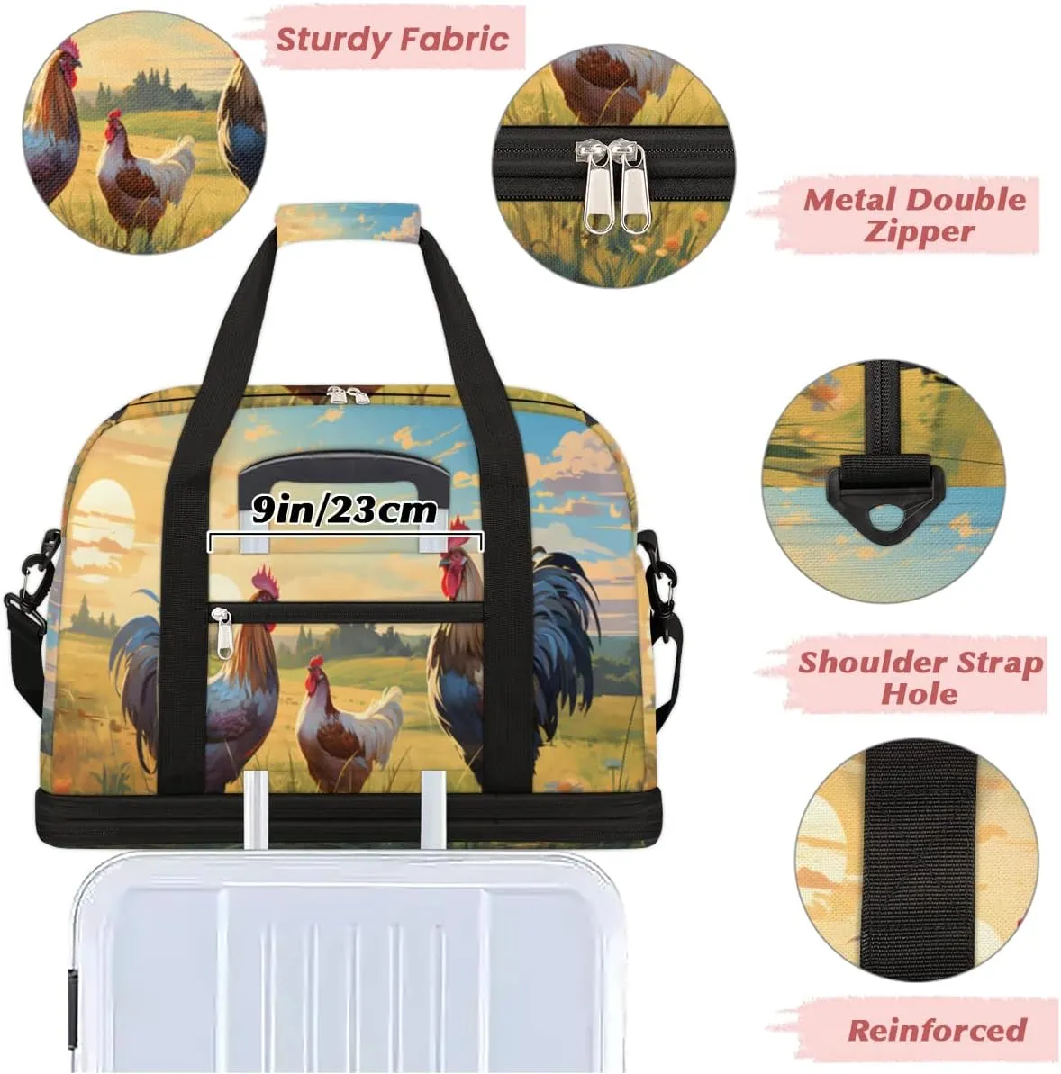 Rooster Printing Foldable Travel Duffel Bag Overnight Weekender Bag with Shoes Compartment Sports Gym Bag for Men Women