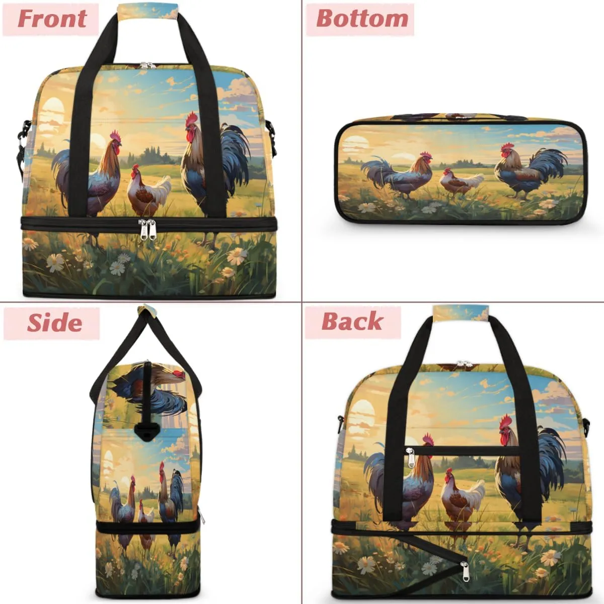 Rooster Printing Foldable Travel Duffel Bag Overnight Weekender Bag with Shoes Compartment Sports Gym Bag for Men Women