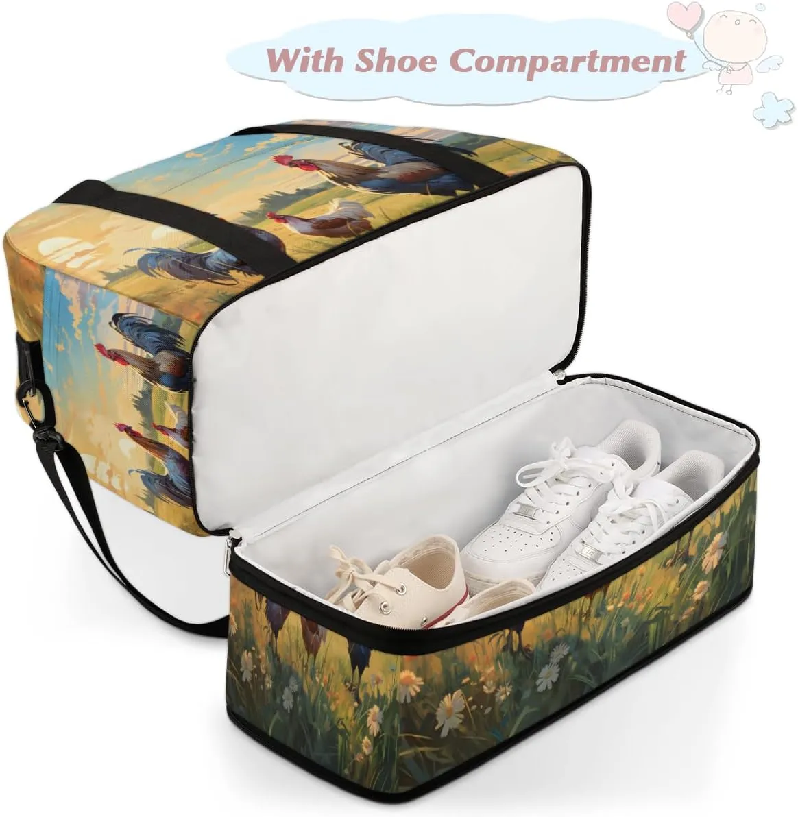 Rooster Printing Foldable Travel Duffel Bag Overnight Weekender Bag with Shoes Compartment Sports Gym Bag for Men Women