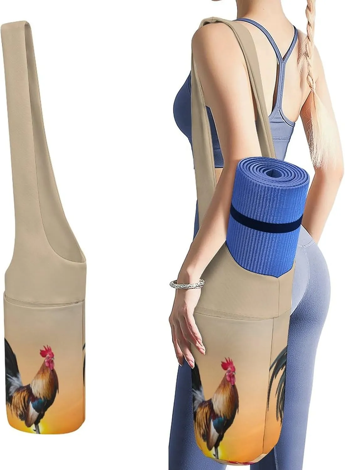 Rooster Sunrise Lightweight Yoga Mat Bag with Pockets Portable Canvas Carrying Shoulder Bags for Women Men
