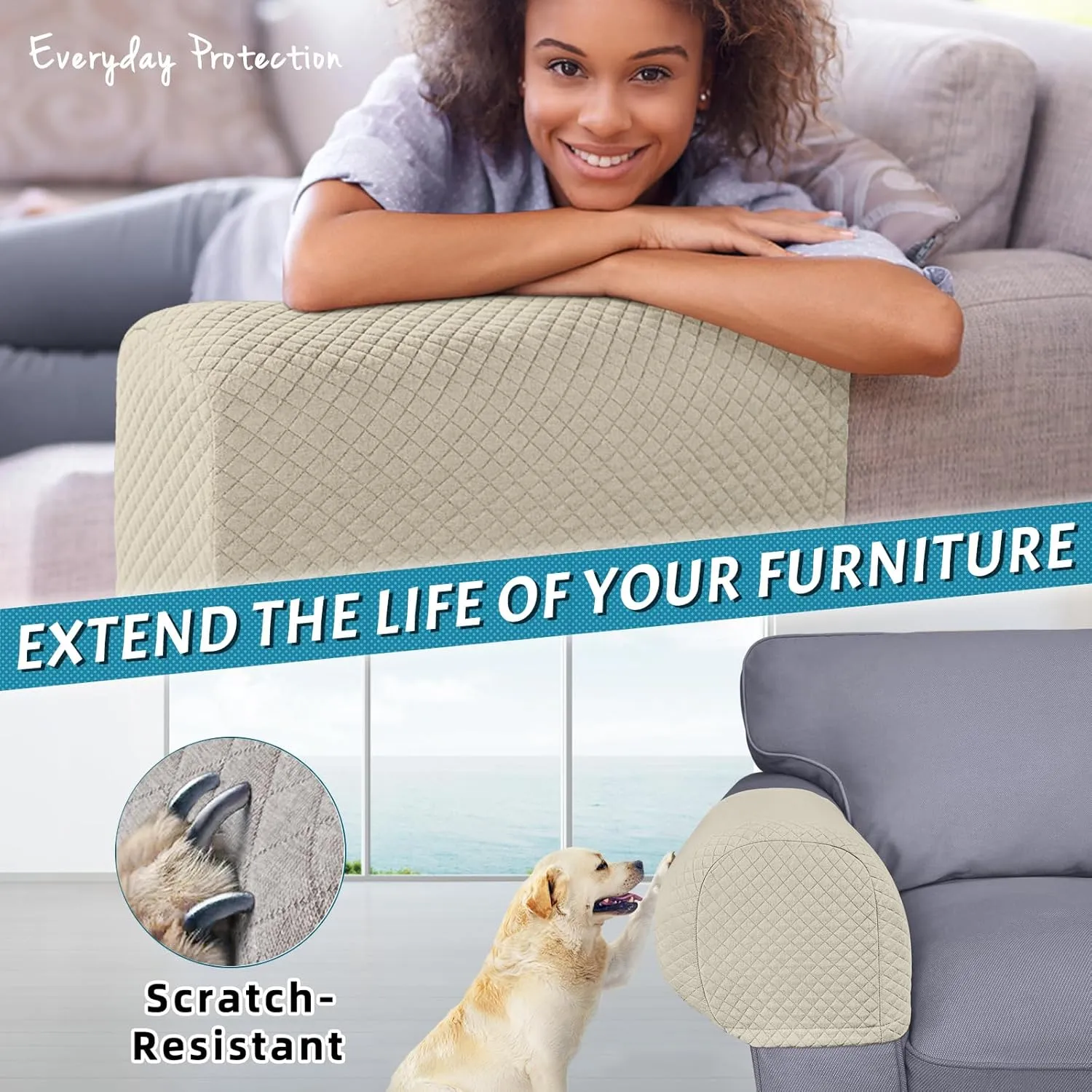 Roytub Stretch Couch Arm Covers, Breathable Armrest Cover for Sofas and Chairs Armrest Cover Keep Home Clean, Scratch-Resistant Sofa Arm Covers Protect and Decorate Your Sofa(Large, Sand, 2PCS)