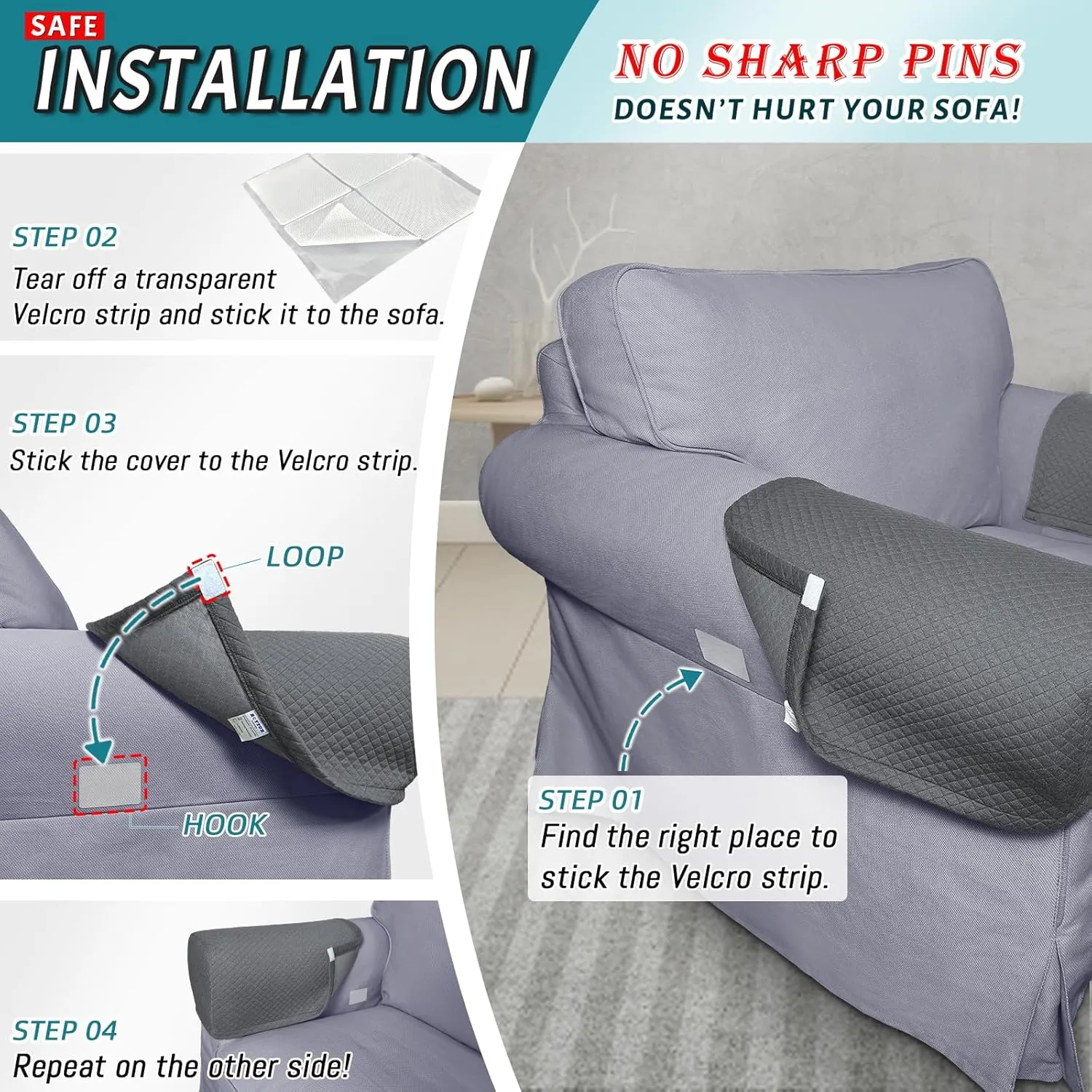 Roytub Stretch Couch Arm Covers, Breathable Armrest Covers for Sofas and Chairs Arm Covers Keep Your Home Clean, Scratch-Resistant Sofa Arm Covers can Decorate and Protect Your Sofa(2 PCS, Grey)