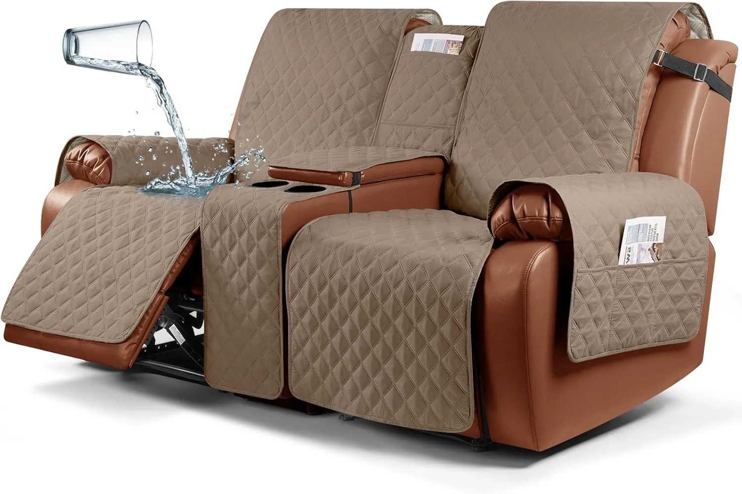 Ruaozz Waterproof Recliner Loveseat Cover with Console Non-Slip Couch Covers for Reclining Couches Pet Cover for Double Recliner Sofa Cover with Elastic Straps (Light Brown, 2 Seater)