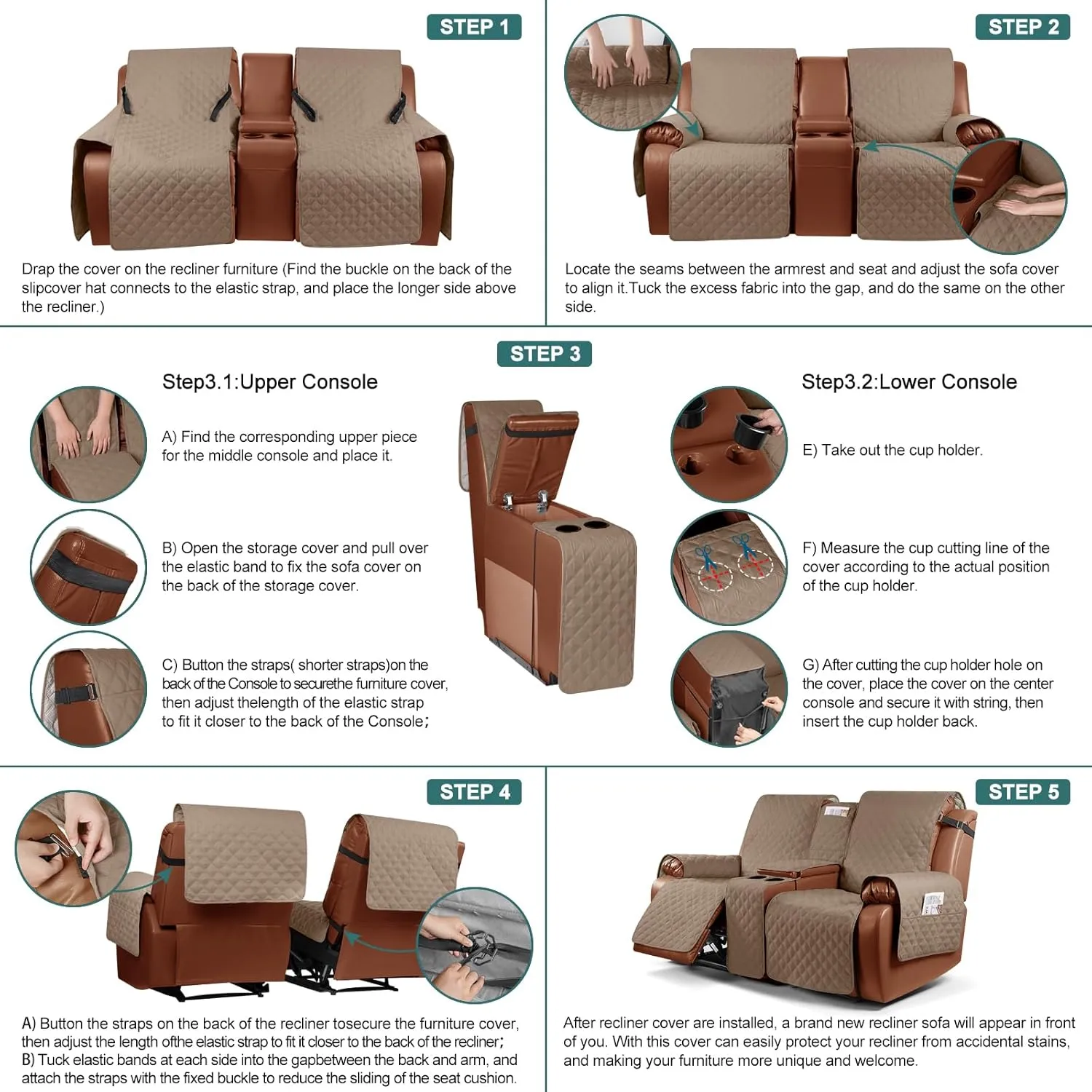 Ruaozz Waterproof Recliner Loveseat Cover with Console Non-Slip Couch Covers for Reclining Couches Pet Cover for Double Recliner Sofa Cover with Elastic Straps (Light Brown, 2 Seater)