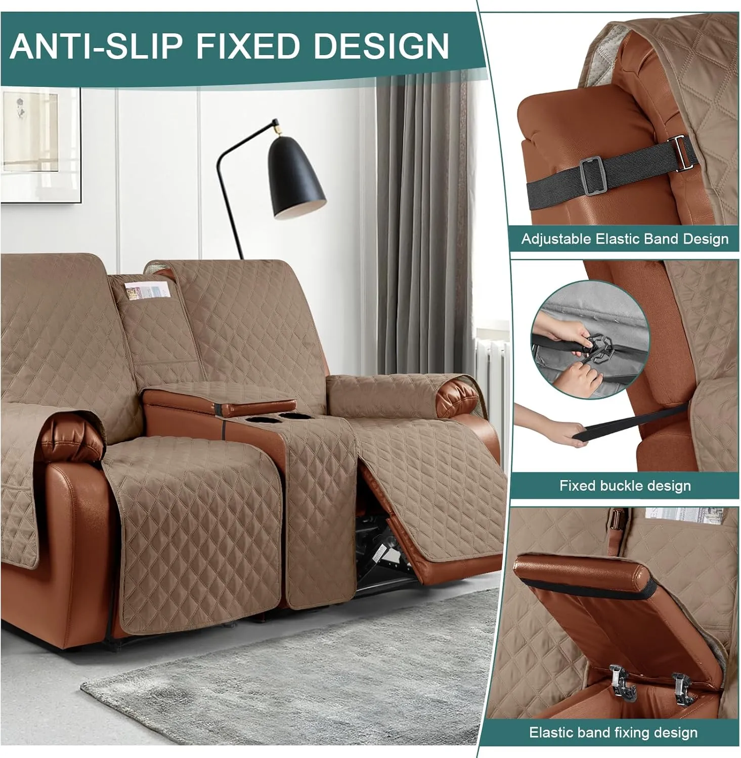 Ruaozz Waterproof Recliner Loveseat Cover with Console Non-Slip Couch Covers for Reclining Couches Pet Cover for Double Recliner Sofa Cover with Elastic Straps (Light Brown, 2 Seater)