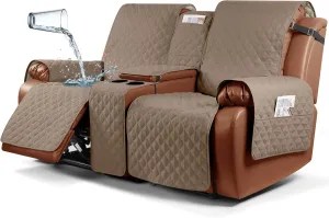 Ruaozz Waterproof Recliner Loveseat Cover with Console Non-Slip Couch Covers for Reclining Couches Pet Cover for Double Recliner Sofa Cover with Elastic Straps (Light Brown, 2 Seater)