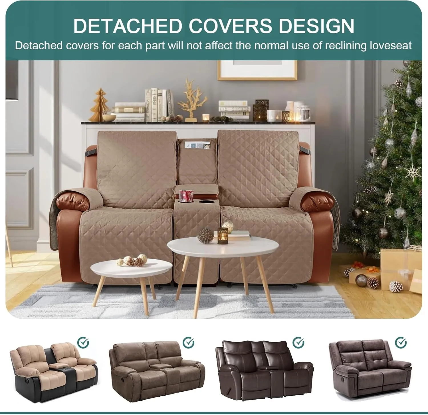 Ruaozz Waterproof Recliner Loveseat Cover with Console Non-Slip Couch Covers for Reclining Couches Pet Cover for Double Recliner Sofa Cover with Elastic Straps (Light Brown, 2 Seater)