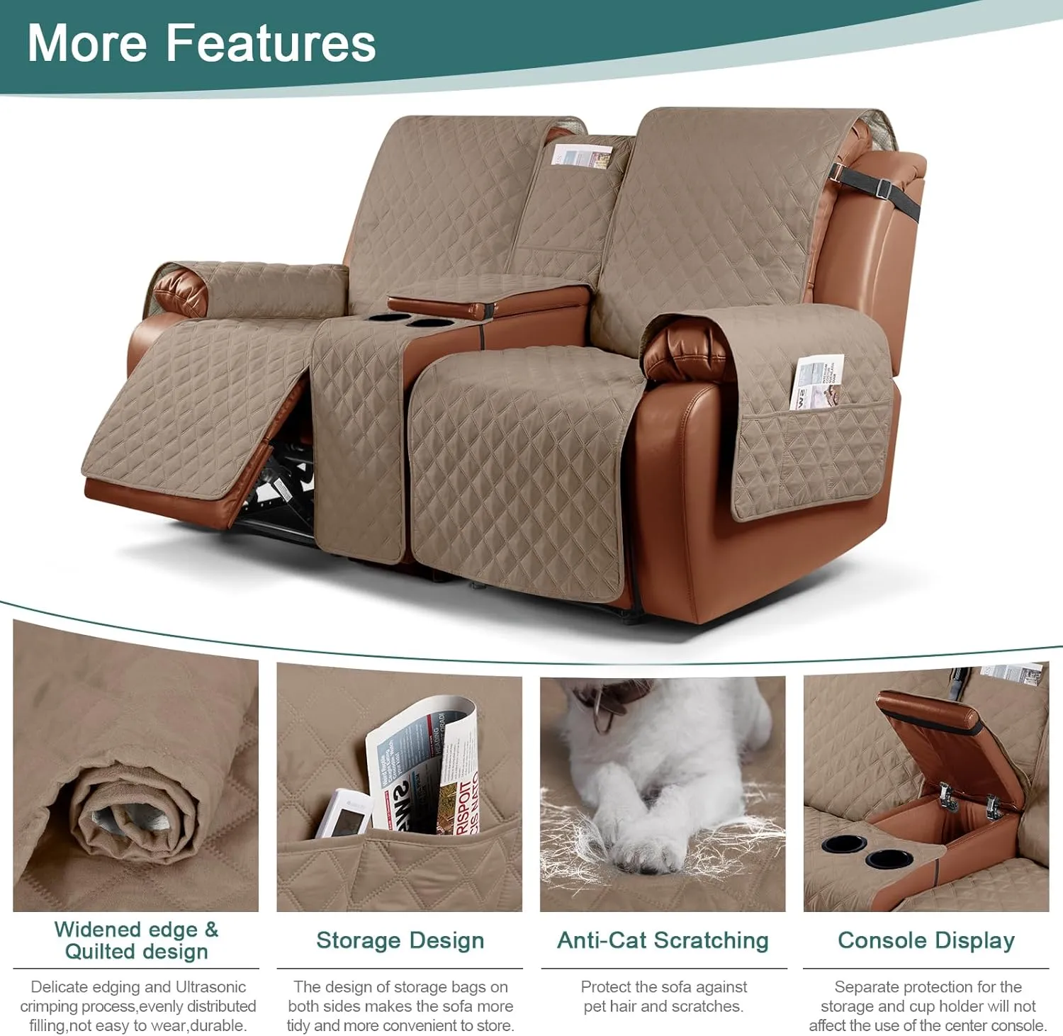Ruaozz Waterproof Recliner Loveseat Cover with Console Non-Slip Couch Covers for Reclining Couches Pet Cover for Double Recliner Sofa Cover with Elastic Straps (Light Brown, 2 Seater)