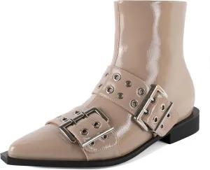 SAMMITOP Women's Ankle Boot Chunky Low Heel Dress Ankle Boots Classic Pointed Toe Side Zipper Chelsea Booties with Metal Buckle Eyelet 1.2 Inch