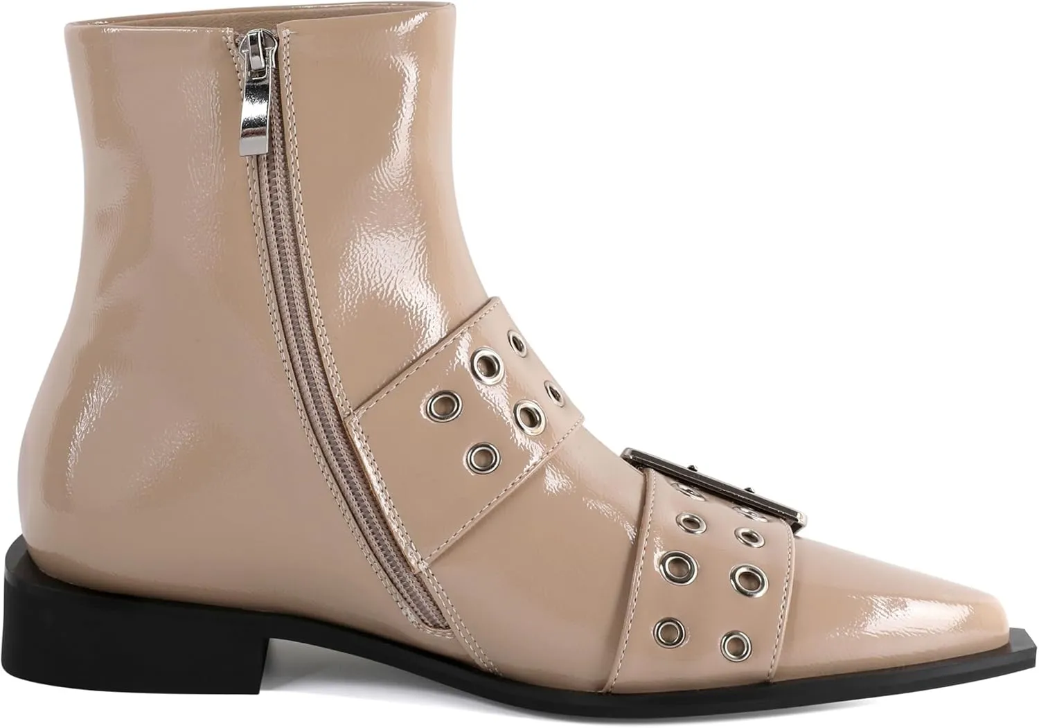 SAMMITOP Women's Ankle Boot Chunky Low Heel Dress Ankle Boots Classic Pointed Toe Side Zipper Chelsea Booties with Metal Buckle Eyelet 1.2 Inch