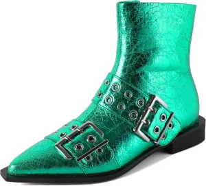 SAMMITOP Women's Ankle Boot Chunky Low Heel Dress Ankle Boots Classic Pointed Toe Side Zipper Chelsea Booties with Metal Buckle Eyelet 1.2 Inch