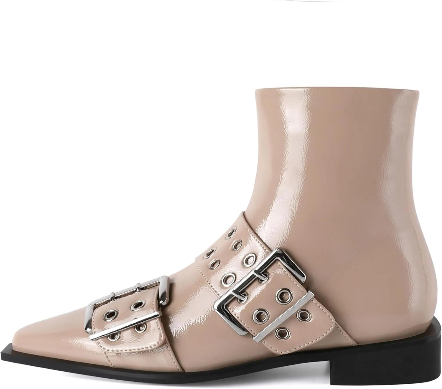 SAMMITOP Women's Ankle Boot Chunky Low Heel Dress Ankle Boots Classic Pointed Toe Side Zipper Chelsea Booties with Metal Buckle Eyelet 1.2 Inch