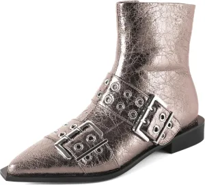 SAMMITOP Women's Ankle Boot Chunky Low Heel Dress Ankle Boots Classic Pointed Toe Side Zipper Chelsea Booties with Metal Buckle Eyelet 1.2 Inch