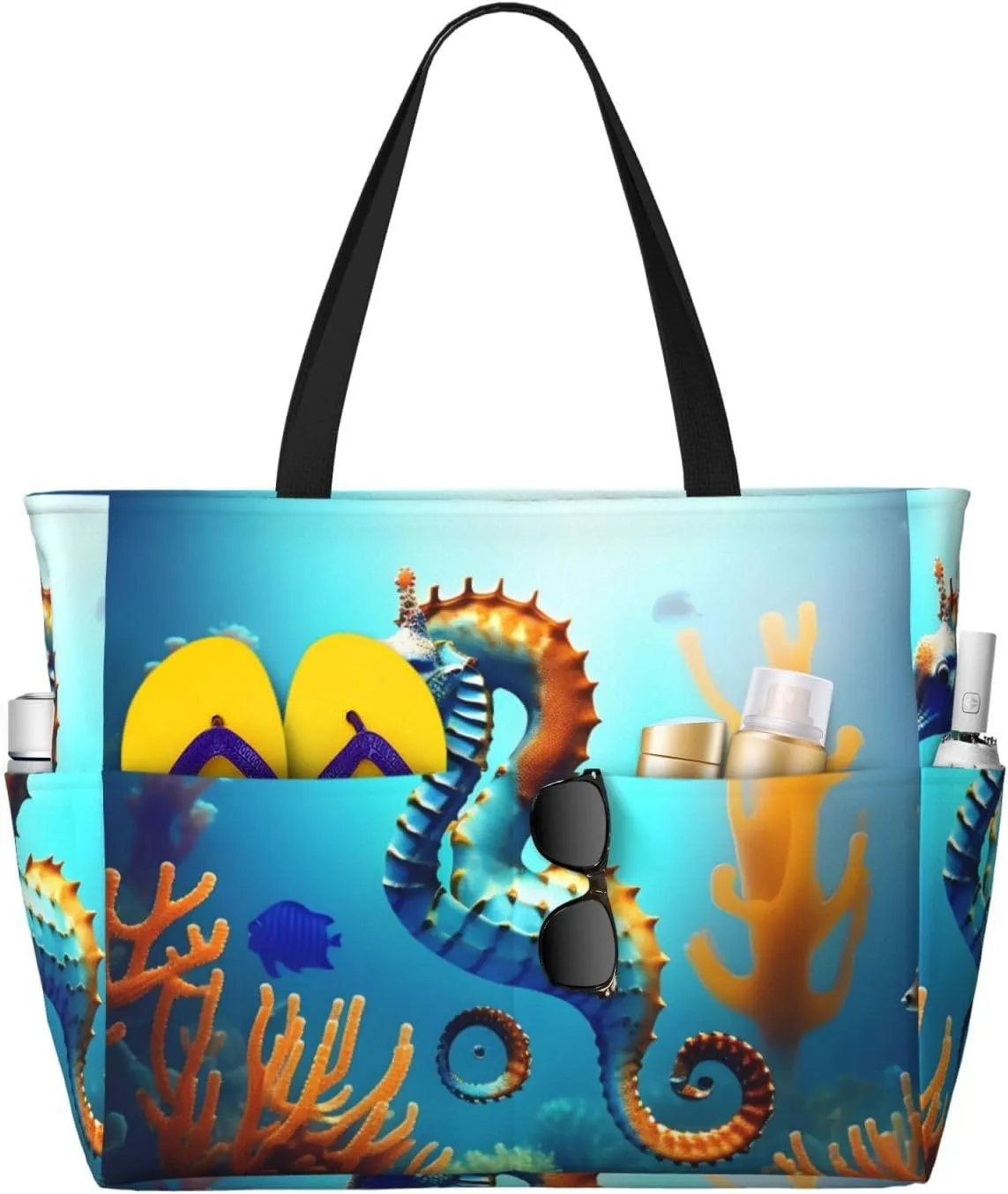 Seabed coral seahorse It is a large-capacity beach travel bag made of 100% polyester and has 7 pockets that can hold a lot of items.