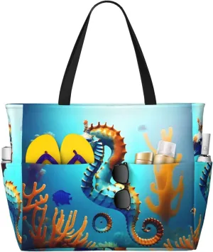 Seabed coral seahorse It is a large-capacity beach travel bag made of 100% polyester and has 7 pockets that can hold a lot of items.
