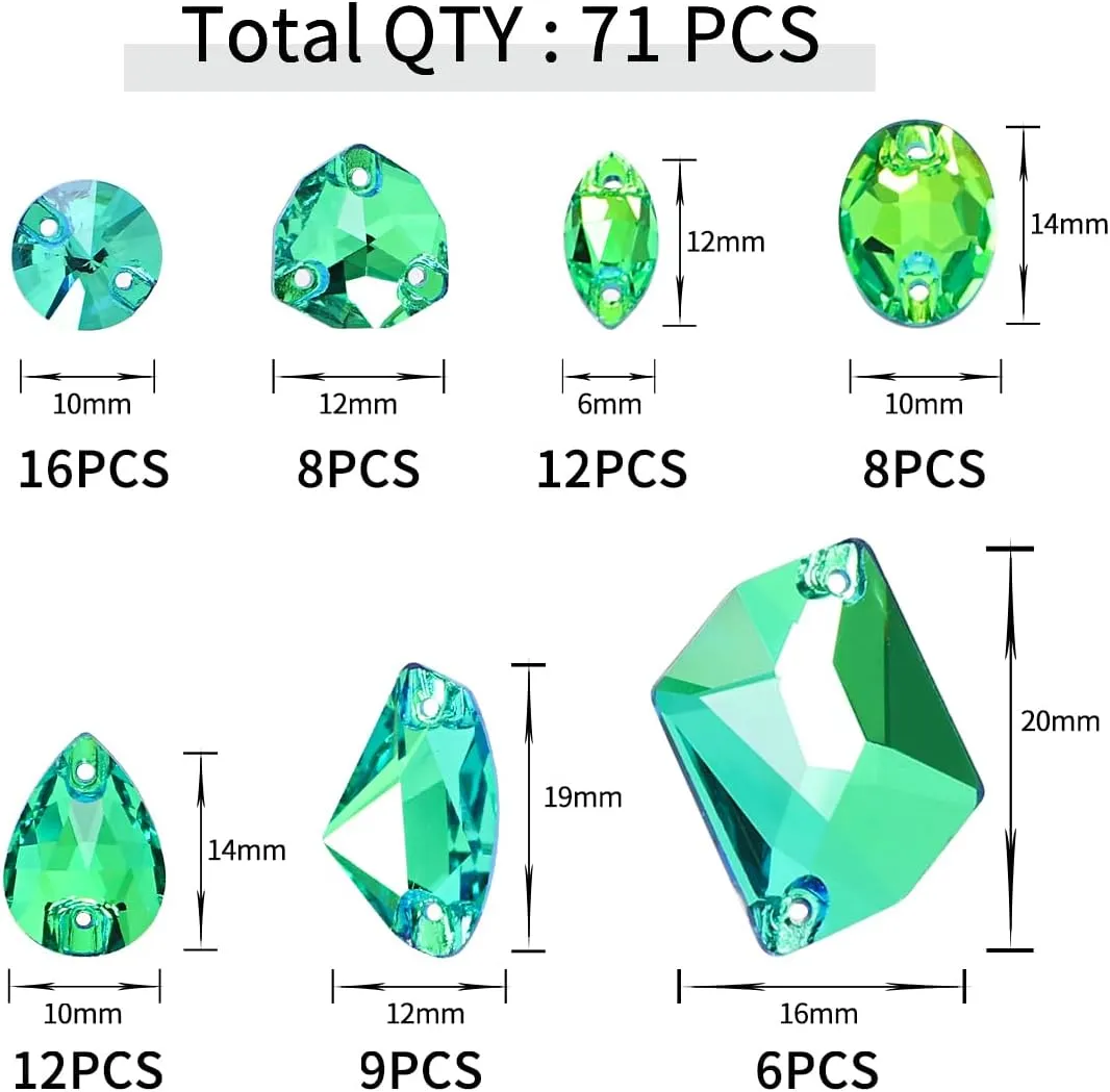 Sew On Rhinestones for Clothes,71Pcs Sew On Crystals with Holes Flatback Sewing Stones Mix Shape Glass Crystal Gems for Jewelry, Shoes, Costume