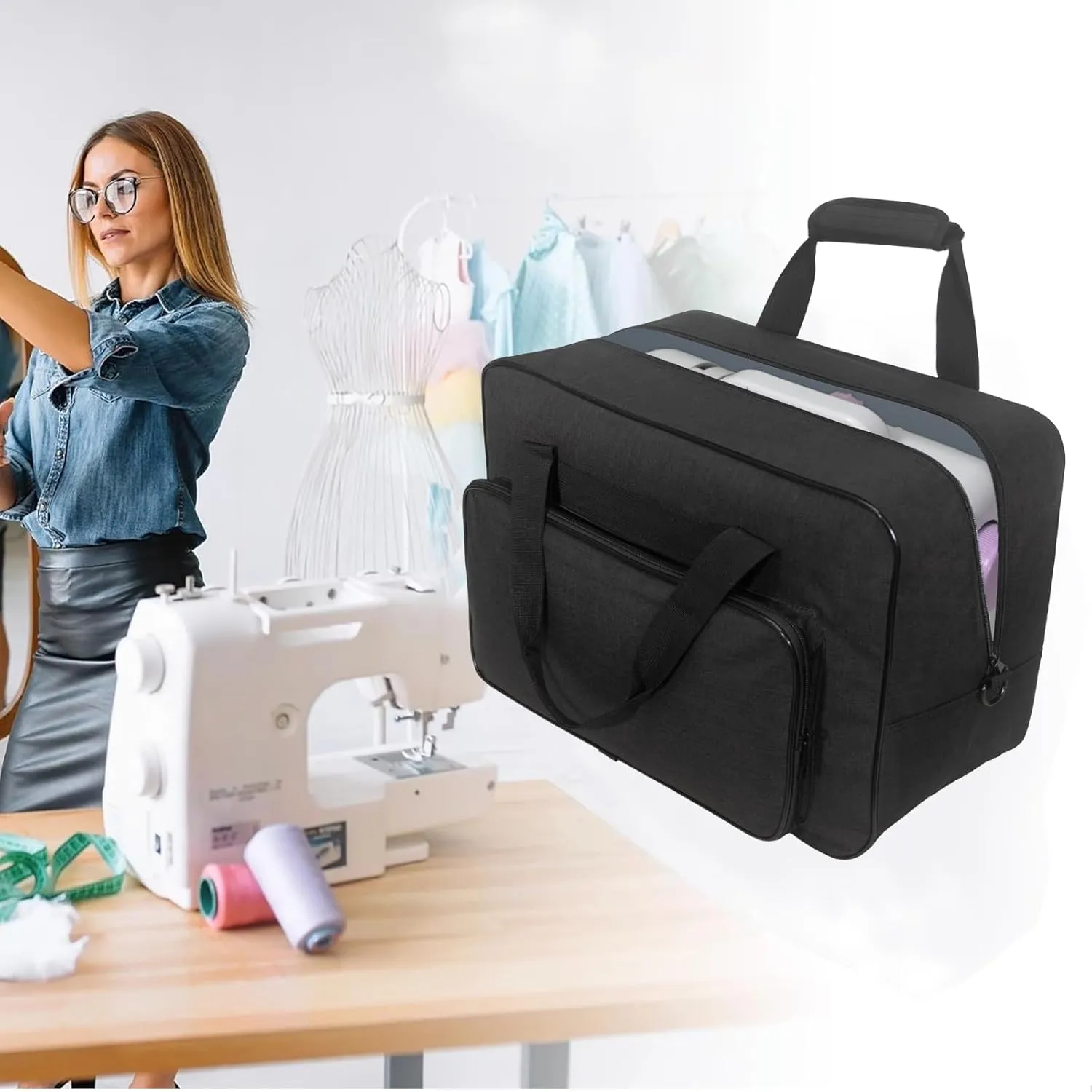Sewing Machine Carrying Case，Sewing Machine Carrying Case Tote Bag，Universal Tote Storage Bag with Pockets and Handles, Suitable for Most Standard Singer (BLACK)