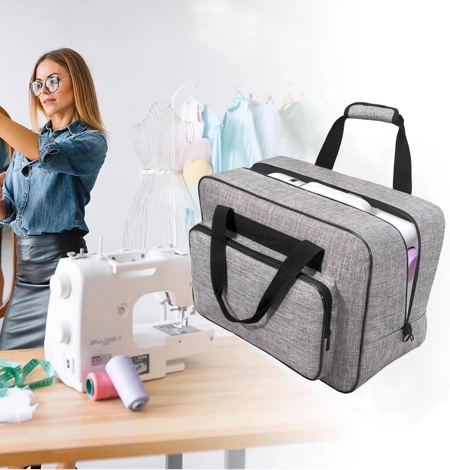 Sewing Machine Carrying Case，Sewing Machine Carrying Case Tote Bag，Universal Tote Storage Bag with Pockets and Handles, Suitable for Most Standard Singer, Janome (GREY)