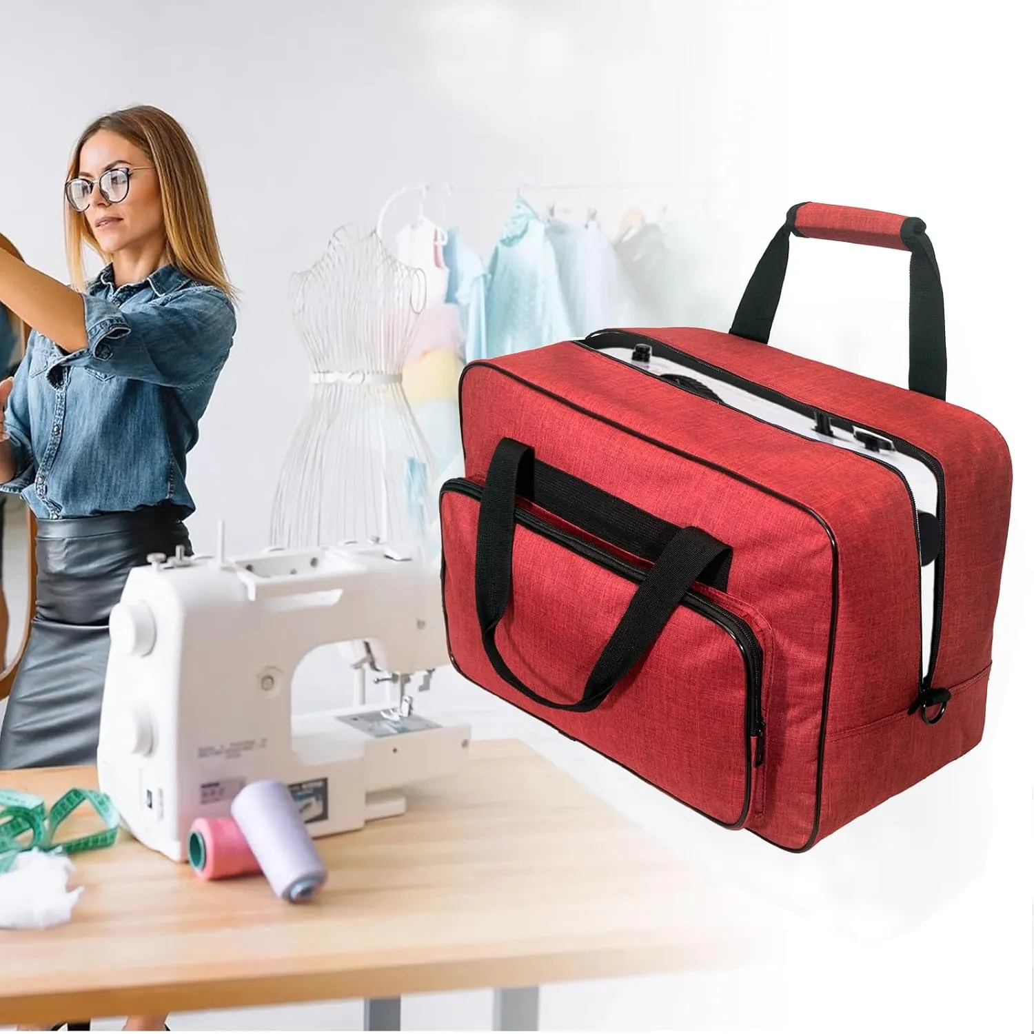 Sewing Machine Carrying Case，Sewing Machine Carrying Case Tote Bag，Universal Tote Storage Bag with Pockets and Handles, Suitable for Most Standard Singer (RED)