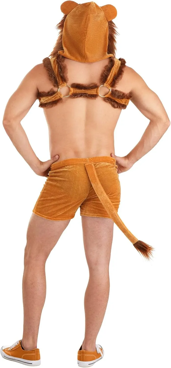 Sexy Lion Costume for Men - Velour Shorts and Faux Fur Hooded Harness