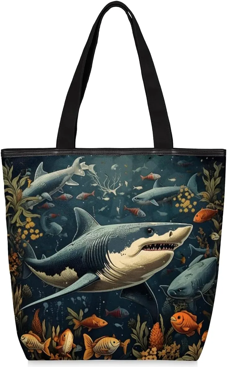Shark Seabed Aniaml Canvas Tote Bag for Women Large Tote Bag with Zipper & Pockets Canvas Beach Bag Shoulder Bag Reusable Shopping Bags Cute Tote Bags for Work Travel