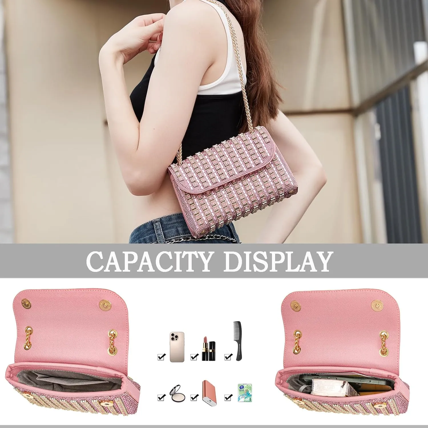 Shoulder Bags Crossbody Bag Purses Handbags Crystals Rhinestone Evening Bag for Women Clutch Purse with Chain