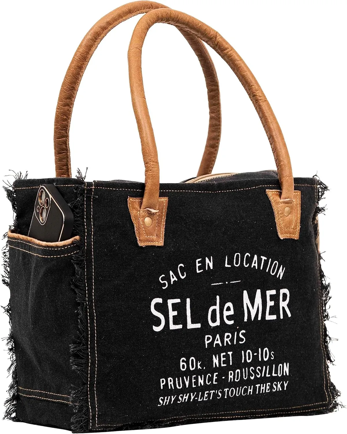 Shy Shy Bags Sel De Mer Canvas & Cowhide Tote Bag - Upcycled Radiant Leather Hand Bag