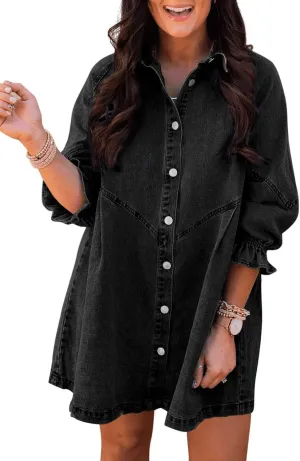 Sidefeel Womens Smocked 3 4 Sleeve Button Down Denim Jeans Dresses
