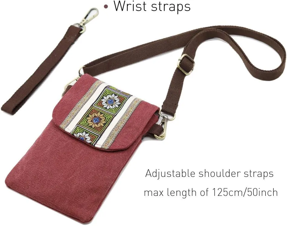 SILKAREA Vintage Embroidered Canvas Flip Small Crossbody Bag Cell Phone Pouch for Women Wristlet Wallet Bag Coin Purse