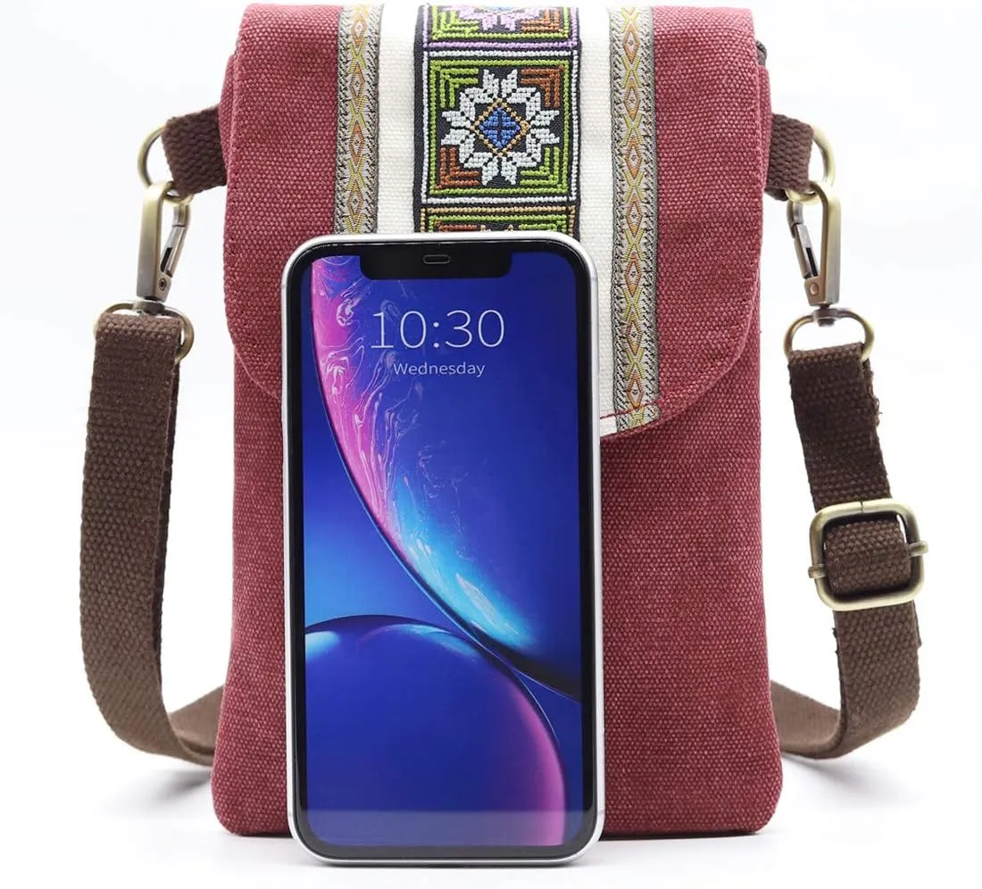 SILKAREA Vintage Embroidered Canvas Flip Small Crossbody Bag Cell Phone Pouch for Women Wristlet Wallet Bag Coin Purse