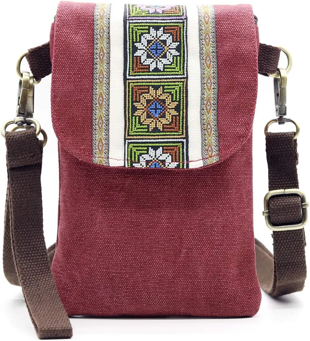 SILKAREA Vintage Embroidered Canvas Flip Small Crossbody Bag Cell Phone Pouch for Women Wristlet Wallet Bag Coin Purse