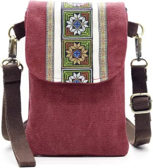 SILKAREA Vintage Embroidered Canvas Flip Small Crossbody Bag Cell Phone Pouch for Women Wristlet Wallet Bag Coin Purse