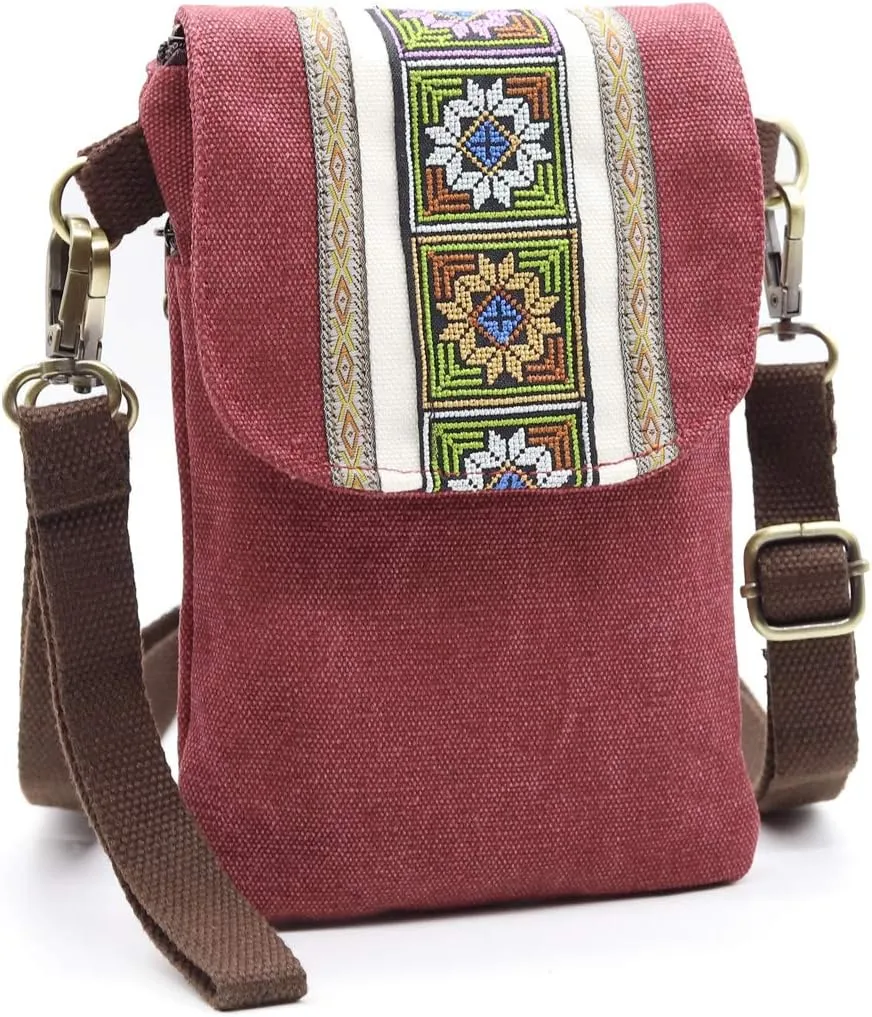 SILKAREA Vintage Embroidered Canvas Flip Small Crossbody Bag Cell Phone Pouch for Women Wristlet Wallet Bag Coin Purse