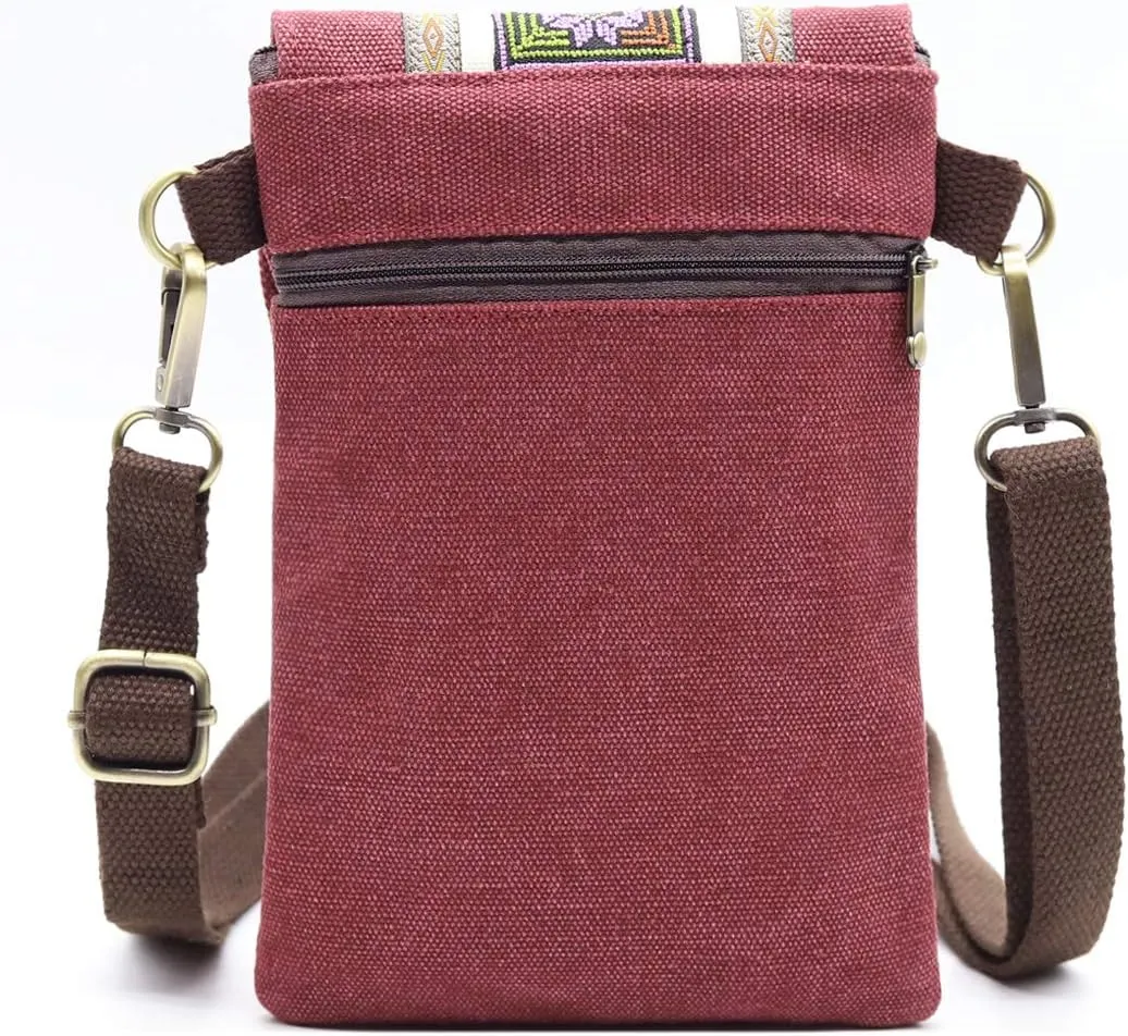 SILKAREA Vintage Embroidered Canvas Flip Small Crossbody Bag Cell Phone Pouch for Women Wristlet Wallet Bag Coin Purse