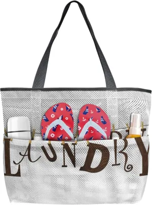 Simple Drawn Laundry Wooden Texture Beach Tote Bag, Clothes Pegs White Laundry Routine Mesh Beach Bags Waterproof Sandproof, Outdoor Picnic Swim Pool Handbag - Large Beach Bag with Zipper and Pockets