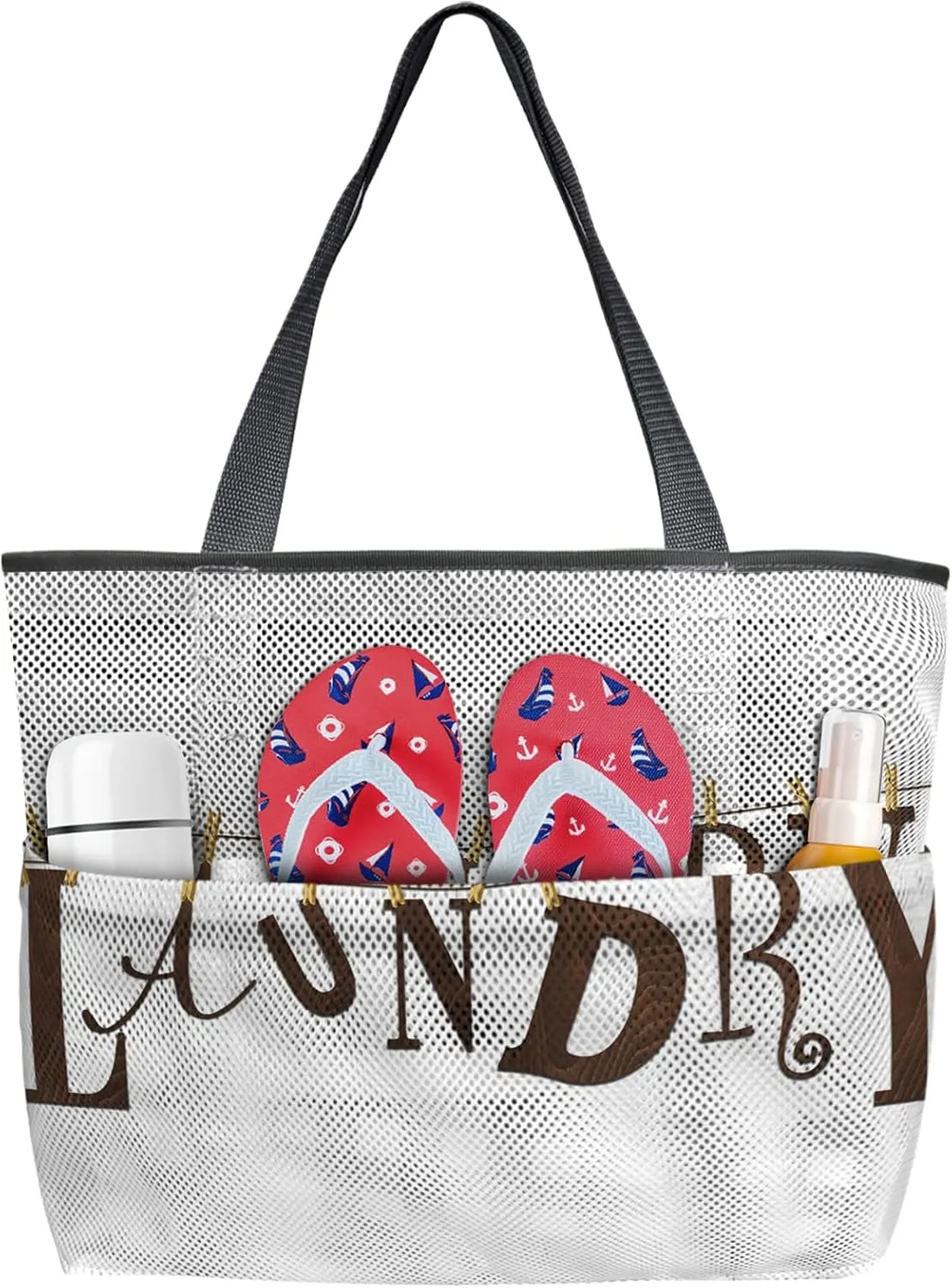 Simple Drawn Laundry Wooden Texture Beach Tote Bag, Clothes Pegs White Laundry Routine Mesh Beach Bags Waterproof Sandproof, Outdoor Picnic Swim Pool Handbag - Large Beach Bag with Zipper and Pockets