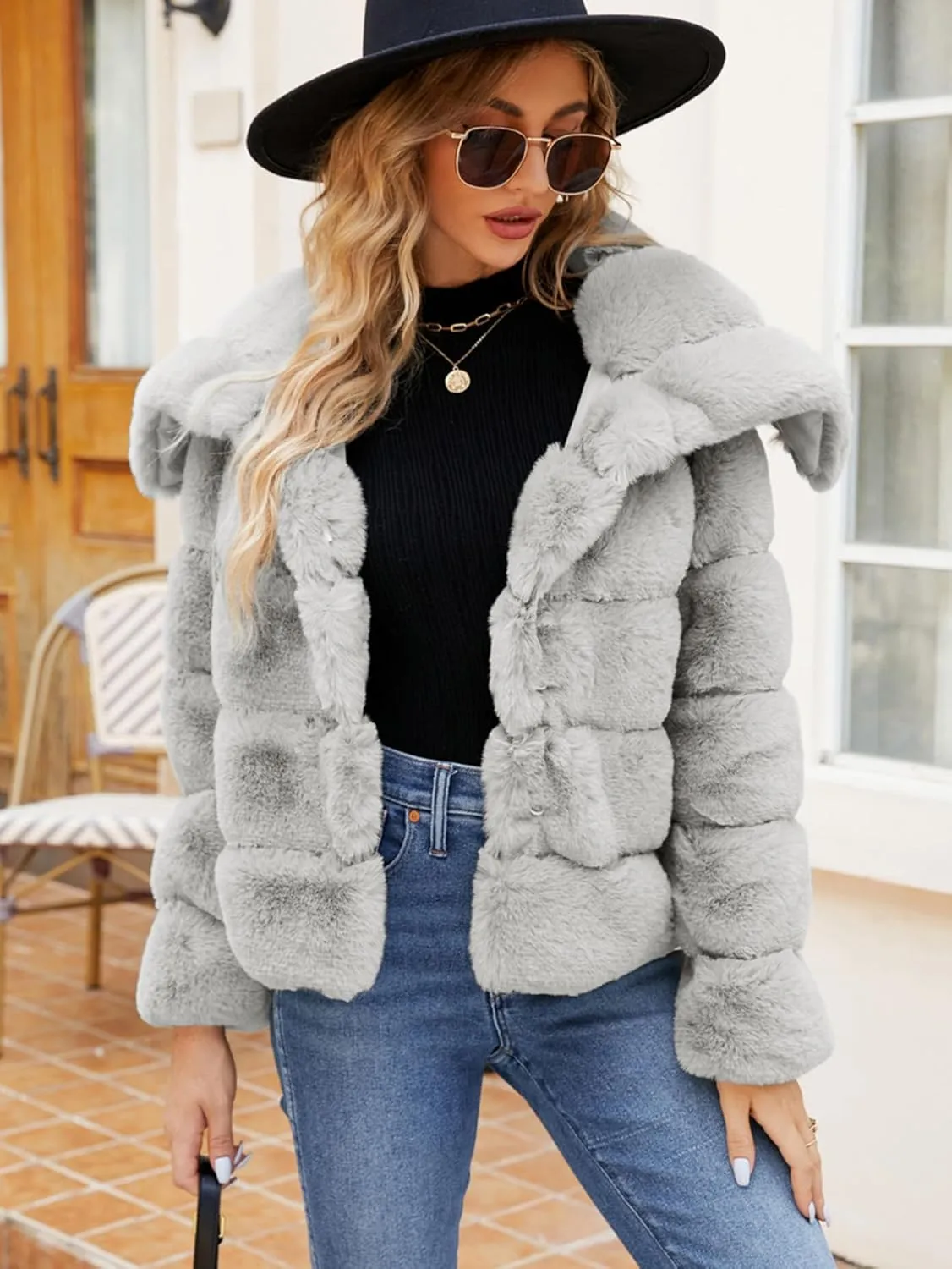 Simplee Apparel Womens Faux Fur Coat Fleece Cropped Jacket Long Sleeve Fur Coats Warm Winter Jackets 2024