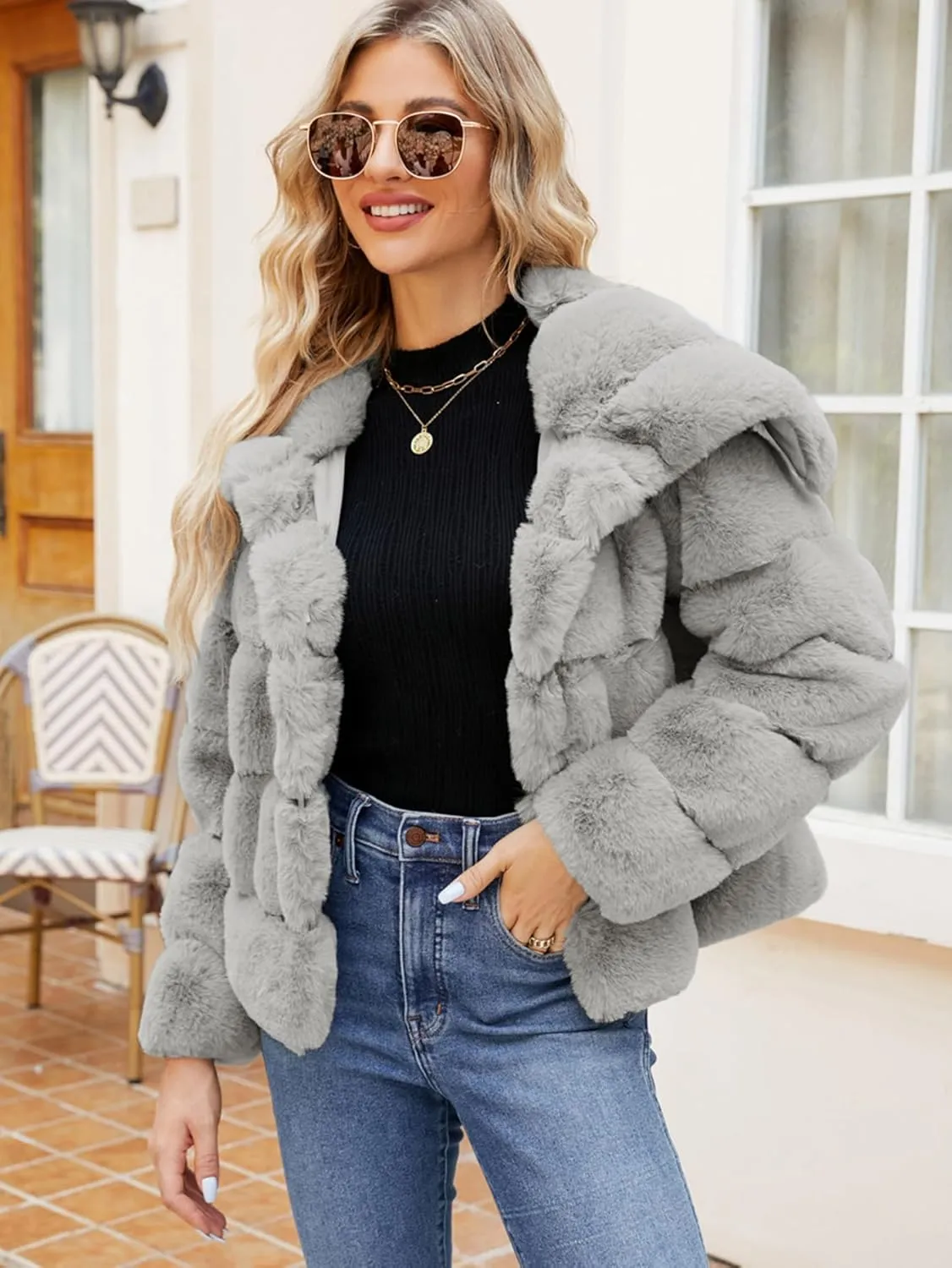 Simplee Apparel Womens Faux Fur Coat Fleece Cropped Jacket Long Sleeve Fur Coats Warm Winter Jackets 2024