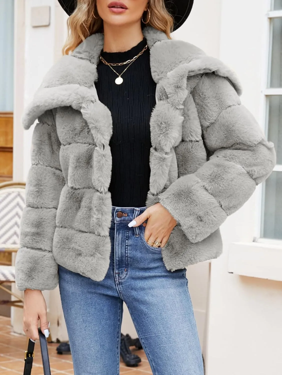 Simplee Apparel Womens Faux Fur Coat Fleece Cropped Jacket Long Sleeve Fur Coats Warm Winter Jackets 2024