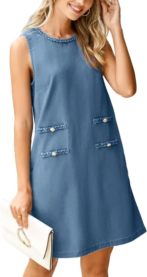Simplee Womens Denim Dress Summer Sleeveless Casual Mini Dresses Crewneck Western Jean Dress with Pockets