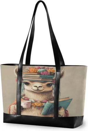Sinestour Book Flowers Lamp Beige Tote Bag with Zipper Work Shoulder Handbag with Compartments Canvas Tote Purse for Women Travel Ladies