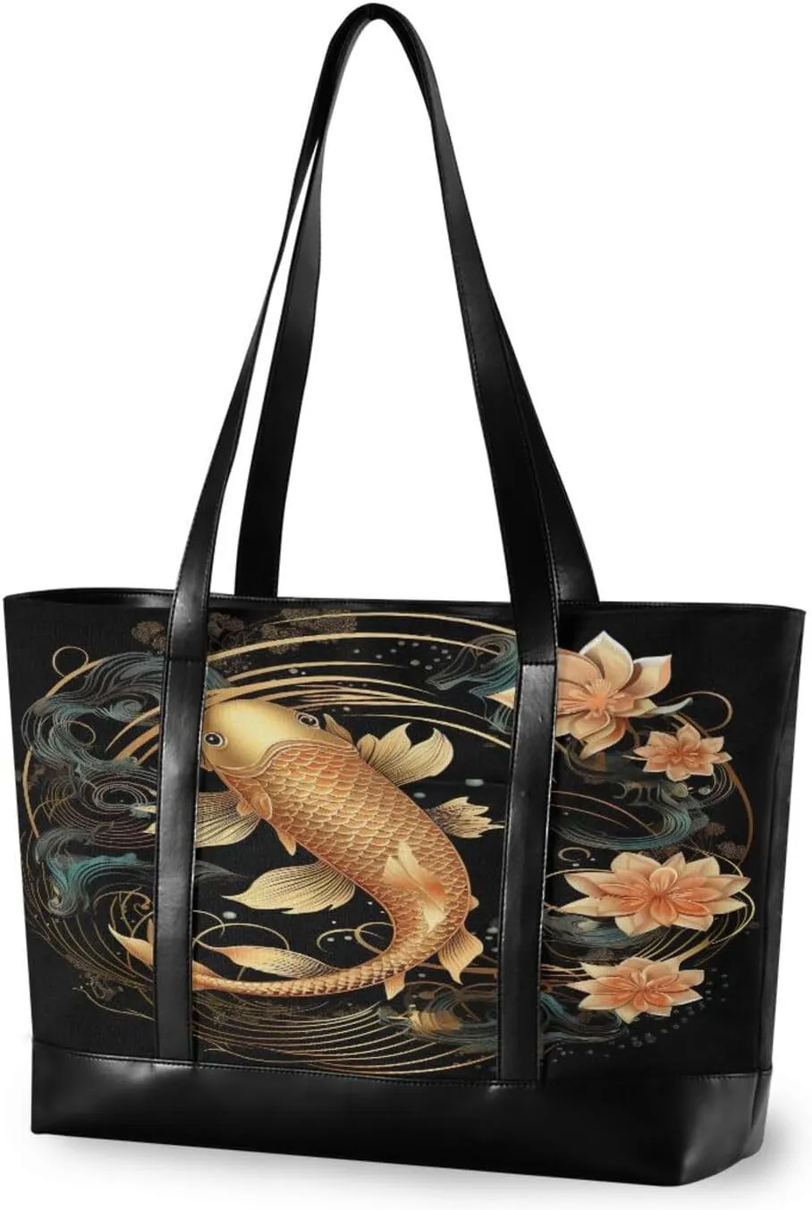 Sinestour Luck Fish Flowers Tote Bag with Zipper Work Shoulder Handbag with Compartments Canvas Tote Purse for Women Travel Ladies