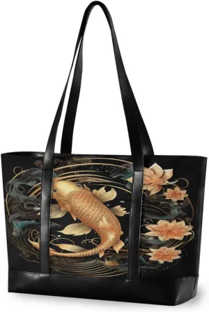 Sinestour Luck Fish Flowers Tote Bag with Zipper Work Shoulder Handbag with Compartments Canvas Tote Purse for Women Travel Ladies
