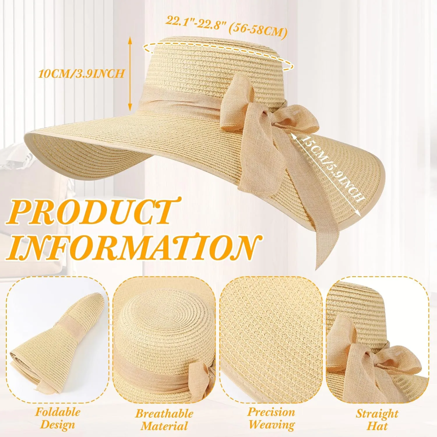Sintuff 4 Pcs Women's Wide Brim Straw Hats Big Floppy Foldable Roll up Cap Beach Sun Hat UPF 50  for Summer