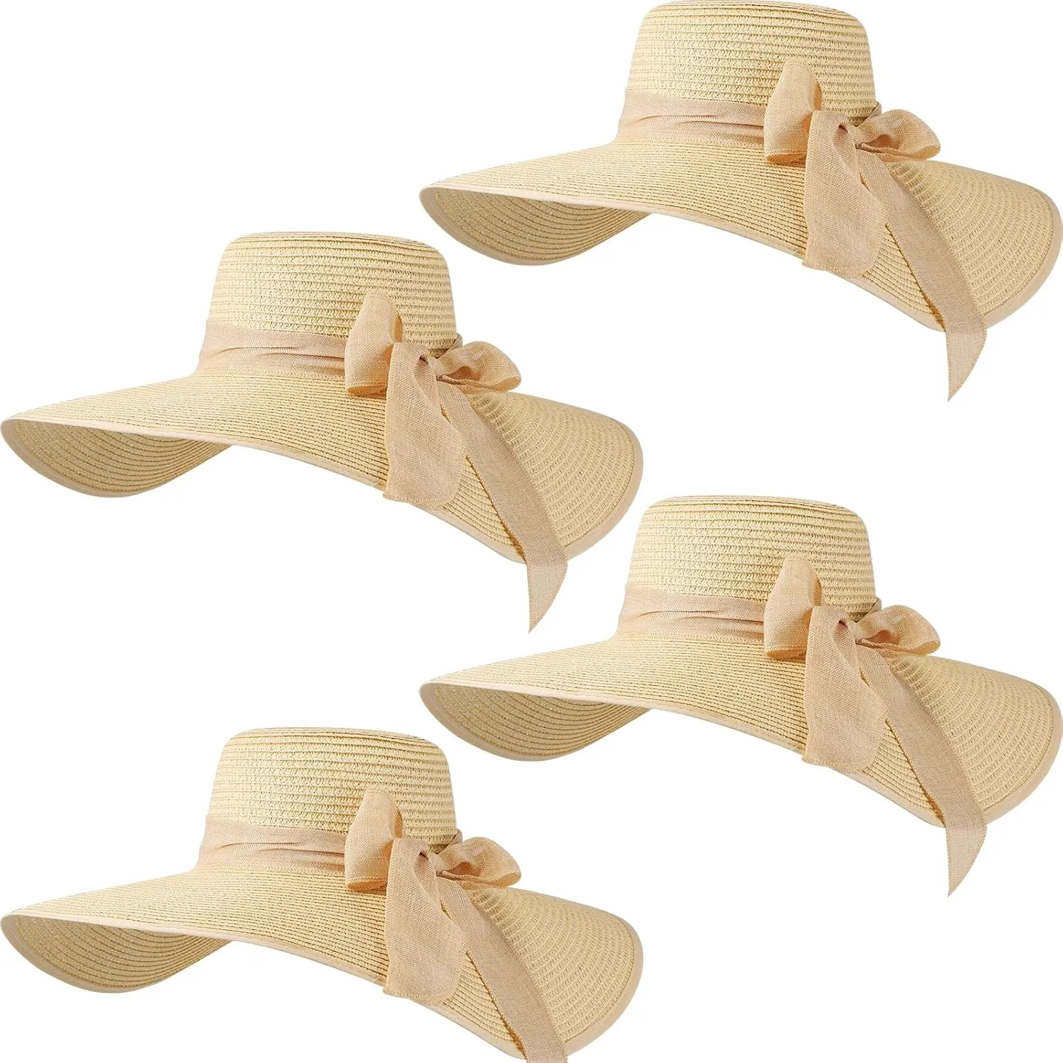 Sintuff 4 Pcs Women's Wide Brim Straw Hats Big Floppy Foldable Roll up Cap Beach Sun Hat UPF 50  for Summer