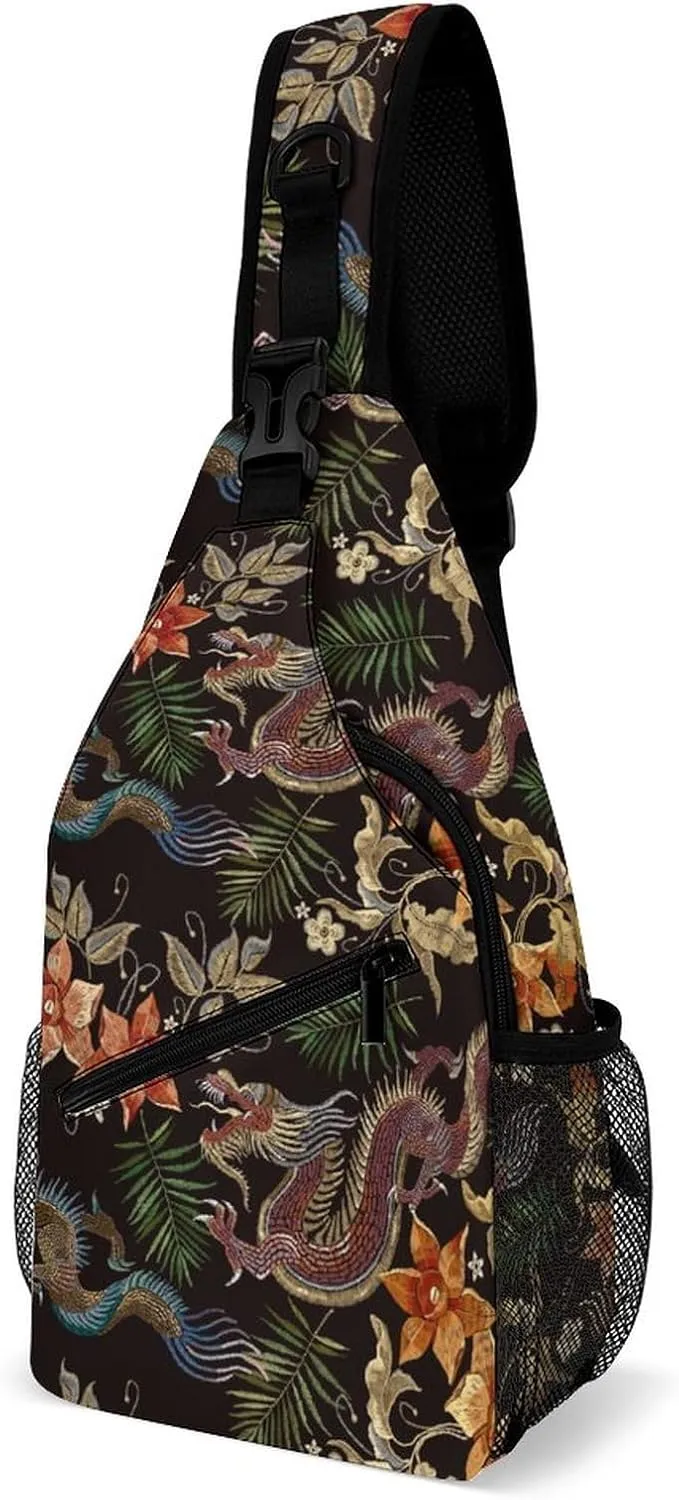 Sling Bag Embroidered Asian Dragons Crossbody Backpack with Anti Theft Oriental Style Adjustable Shoulder Bag for Travel,Hiking,Cycling,Camping