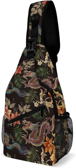 Sling Bag Embroidered Asian Dragons Crossbody Backpack with Anti Theft Oriental Style Adjustable Shoulder Bag for Travel,Hiking,Cycling,Camping