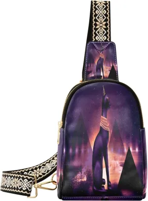 Small Crossbody Sling Bags for Women Egyptian Asbstract Leather Crossbody Fanny Packs Purses Mystery Cat Pyramid Chest Bag Daypack Crossbody Backpack for Travel Sports Running Hiking