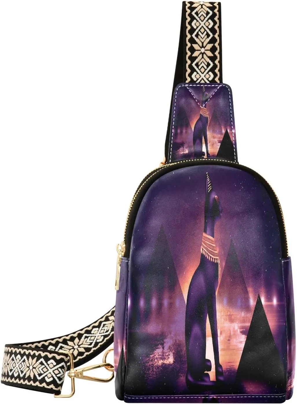 Small Crossbody Sling Bags for Women Egyptian Asbstract Leather Crossbody Fanny Packs Purses Mystery Cat Pyramid Chest Bag Daypack Crossbody Backpack for Travel Sports Running Hiking